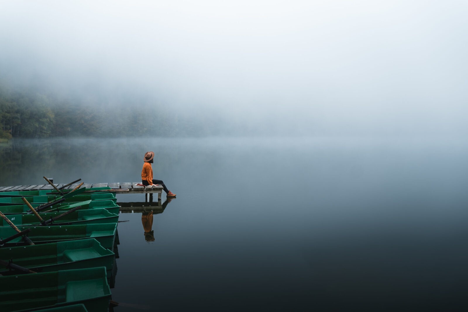 Peaceful morning: person on dock enjoying foggy lake scenery.